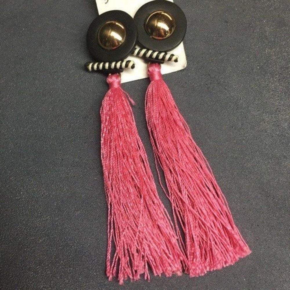 Retro 80s Pierced Earrings Pink Tassel Black White Circle Bar Domed Gold Barbie